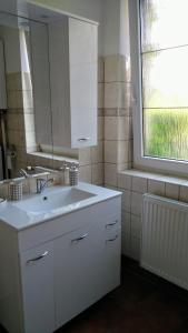 JirkovVila v Podkrušnohoří的白色的浴室设有水槽和窗户。