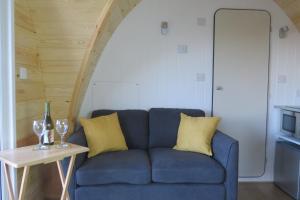 埃尔斯米尔Cheshire View的蓝色的沙发,配有黄色枕头和桌子