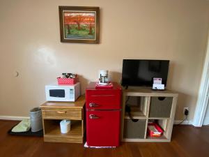 阿斯彭Big Bear Lodge的一间设有红色冰箱和微波炉的客房