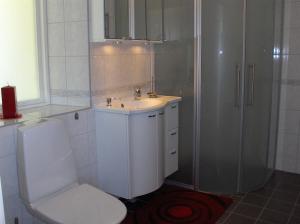 勒托普Strandvillan, Öland - fantastiskt läge nära havet!的浴室配有卫生间、盥洗盆和淋浴。
