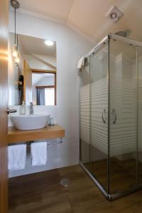 Rosário-Lagoa阿坎约酒店的一间带水槽和玻璃淋浴的浴室