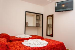 特尔马斯德里奥翁多Ns Hotel的配有电视的客房内的两张床和红色床单