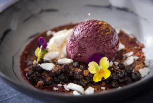 洛斯托拉普兰罗斯托图恩图瑞酒店及紫水晶Spa的一种甜品,配上紫色冰淇淋和鲜花,放入碗里