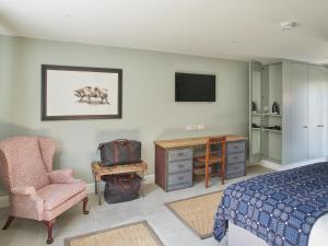 Castle AcreThe Pig Shed Motel的一间卧室配有一张床、一把椅子和电视