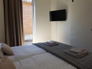 佐特兰德Vakantiehuis Huisje 31 Zoutelande的卧室配有一张床铺,墙上配有电视