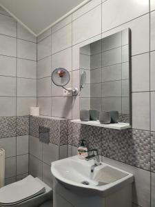 科马罗姆Monostor Panzió的一间带水槽、镜子和卫生间的浴室