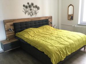 维桑堡Appartement Wissembourg hyper centre的一间卧室配有一张带黄色毯子的大床