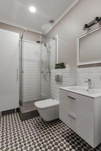敖德萨City Centre Silver Apartment的带淋浴、卫生间和盥洗盆的浴室