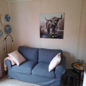 斯哈伦代克Studio Bluuven的客厅里一张蓝色的沙发,上面有公牛的照片