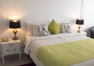 圣地亚哥Vip Home的一间卧室配有一张带绿毯的床和两盏灯。