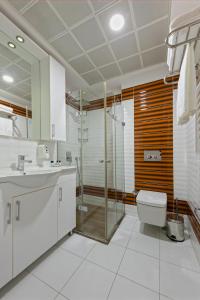 安塔利亚Citrus Park Hotel的带淋浴、卫生间和盥洗盆的浴室