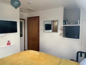 波特里Tors Place的卧室配有一张床,墙上配有电视