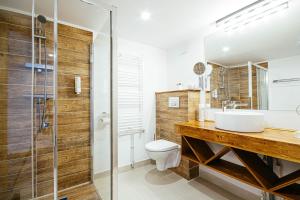 坎普朗莫道尼斯Buchenland Hotel的一间带水槽、卫生间和淋浴的浴室