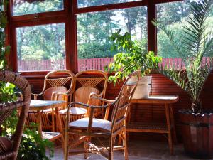 萨莫科夫佐迪亚克宾馆的庭院设有桌椅和窗户。