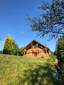 MakovishcheФінський будинок для ідеального романтичного чи сімейного відпочинку的一座位于山丘上的木屋,拥有绿色的田野
