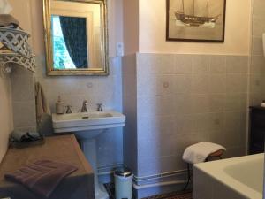 Lussault-sur-Loire德宾泰木屋酒店的一间带水槽、卫生间和镜子的浴室