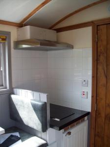 珀斯Waterloo Farm Shepherds Hut Glamping的厨房配有台面和冰箱