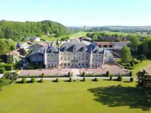莱蒙龙Château des Monthairons Hôtel Restaurant GastroMaison Spa privatif的绿色田野上大房子的空中景色