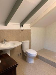 拉迪格岛O'Soleil Chalets Self Catering的一间带卫生间和水槽的浴室
