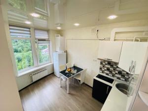 特鲁斯卡韦茨Apartment modern style的一间带桌子和冰箱的小厨房