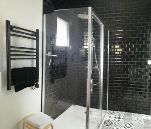 卢瓦尔河畔新堡Villa Moya, dependance privée Piscine & Spa的浴室设有玻璃淋浴间,铺有黑色瓷砖