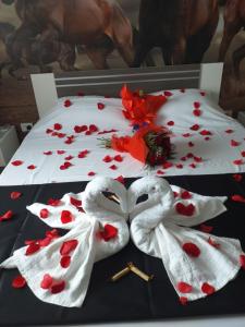 胡内多阿拉Hotel Hobby的一张由两只天鹅制成的床