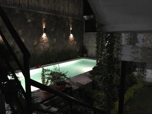 圣地亚哥阿蒂特兰Casa Josefa Hotel的夜间游泳池,有灯光和植物