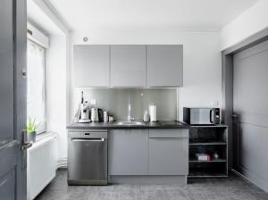 圣路易Comfort Stay Basel Airport 2A46的厨房配有白色橱柜和水槽