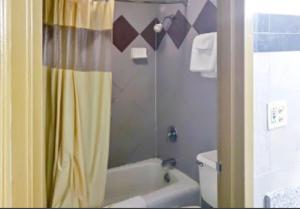 阿尔科USA Inn的浴室设有黄色淋浴帘和淋浴