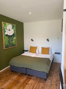 雷讷瑟Studio appartement 1nul9的一间卧室配有一张带绿色墙壁的床