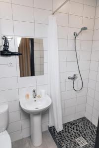 巴尔瑙尔RedFox Hotel的白色的浴室设有水槽和淋浴。