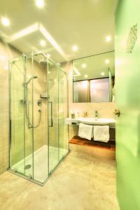 伊施格尔加尼乌莱扎酒店的一间带玻璃淋浴和水槽的浴室