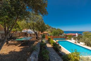 尼亚卢卡Villa Goga的一个带桌子和野餐桌的游泳池以及大海