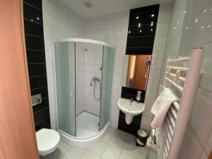 缅济热奇Hotel Tequila的带淋浴、卫生间和盥洗盆的浴室