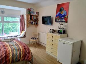 格兰瑟姆Spacious King Bedroom in Grantham Lincolnshire的一间卧室配有一张床和一个梳妆台