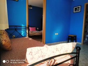 阿尔戈斯托利翁Apartments Onar的一间卧室配有一张带蓝色墙壁和镜子的床