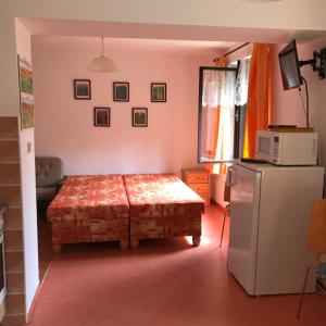 多尔尼莫拉瓦Sněženka的小房间设有一张床和一台冰箱