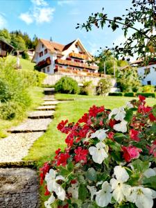 贝阿滕贝格斯特内酒店的一座花园,在房子前方种有红白色花