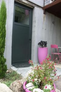 哈斯多库特库赫住宿加早餐酒店的粉红色的植物房子的粉红色门