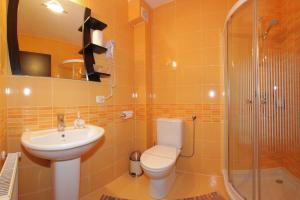 博尔沙Hotel Victoria的浴室配有卫生间、盥洗盆和淋浴。