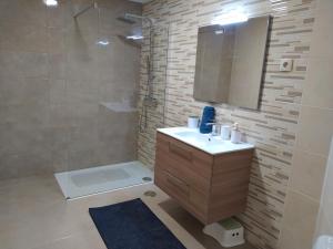 蓬德利马Casa Borlido的浴室配有盥洗盆和带镜子的淋浴