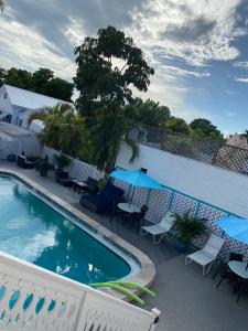 基韦斯特棕榈酒店的一个带椅子和遮阳伞的阳台的游泳池
