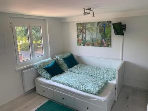 莱茵河畔威尔Greenhome的小房间设有一张带蓝色枕头的床