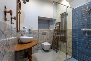 塔尔努夫Aparthotel Zakątna B&B的一间带水槽、卫生间和淋浴的浴室