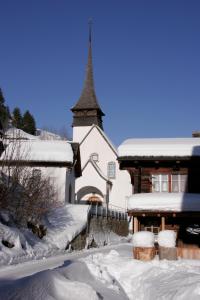 NiederwaldHotel-Restaurant Drei Tannen的雪中陡峭的教堂
