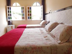 伦索伊斯Pousada da Villa的一间卧室设有一张大床和两个窗户。