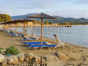 奥林匹亚达Kalokerino的海滩上的一排躺椅和遮阳伞