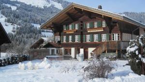 Sankt StephanGästehaus Alpenblick Wildstrubel的一座大木屋,地面上积雪