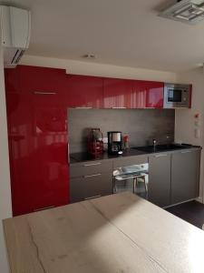圣吉勒达德吕伊Studio de Lokentaz的一间厨房,配有红色橱柜和台面