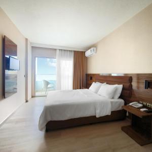 阿拉尼亚Ozgur Bey Spa Hotel的一间卧室设有一张大床和一个大窗户